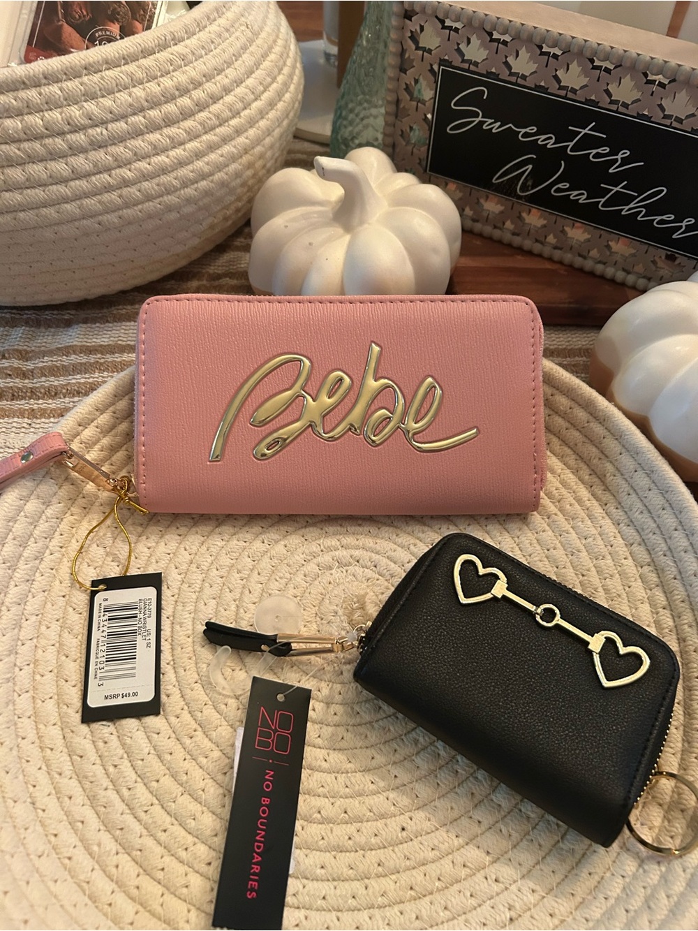 bebe Pink Zip-Around Wallet with Gold Logo Accent& No Boundaries wallet.